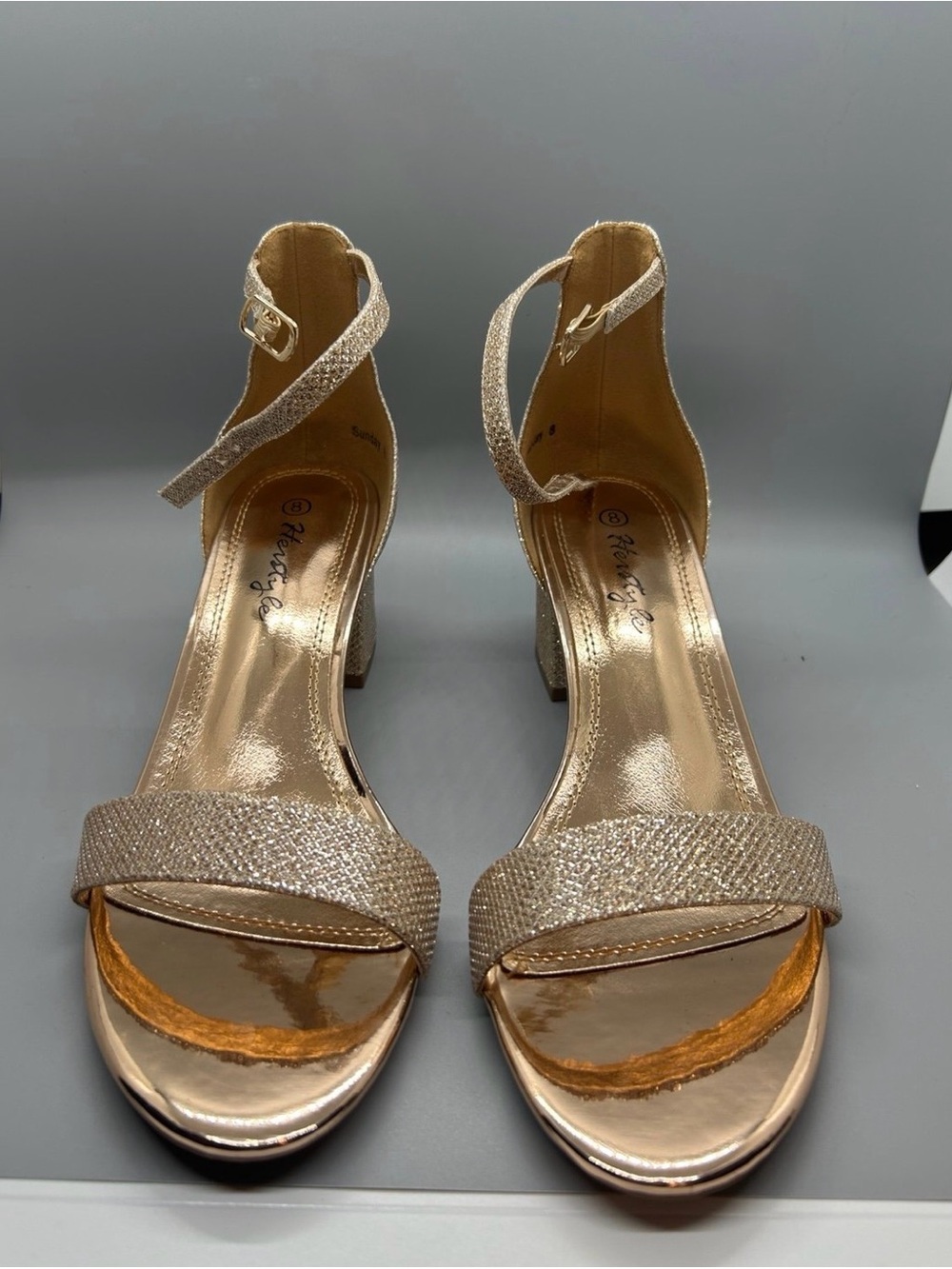Herstyle Rose Gold Glitter Ankle-Strap Block Heels
